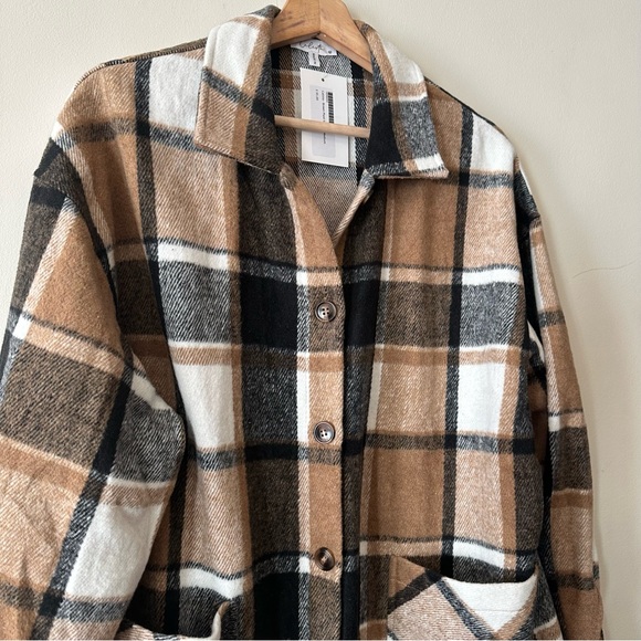Calista Plaid Wool Blend Flannel Tan Mid Length Button Up Shirt Jacket Shacket - Picture 8 of 9